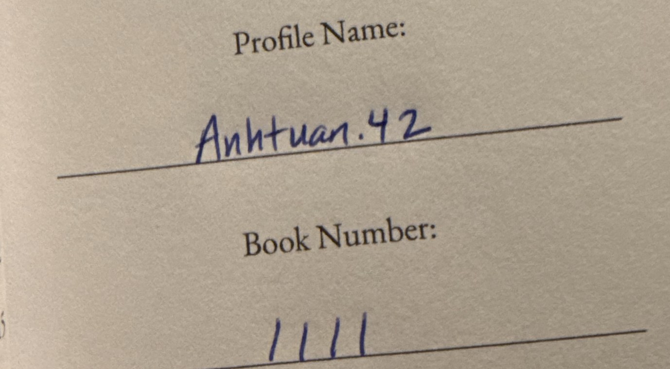 The QR code page inside the book, showing where the Profile Name and Book Number are written in